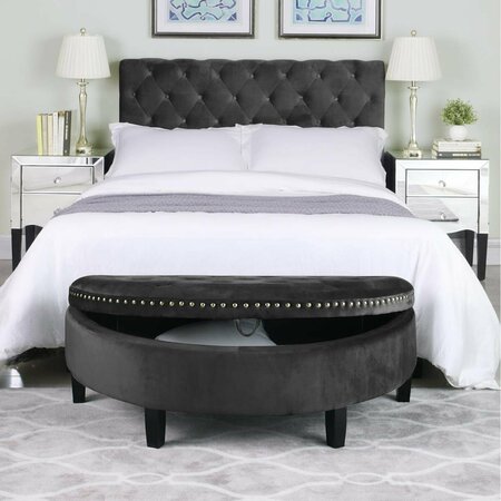 CHIC HOME Kelly Half Moon Storage Ottoman Tufted Velvet Upholstered Espresso Finished Wood Legs Bench, Black FON9173-US